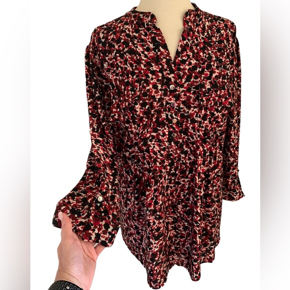 COCOMO 1X Red Black 3/4 sleeve Plus Size women's Pintuck Blouse tunic - Picture 8 of 14